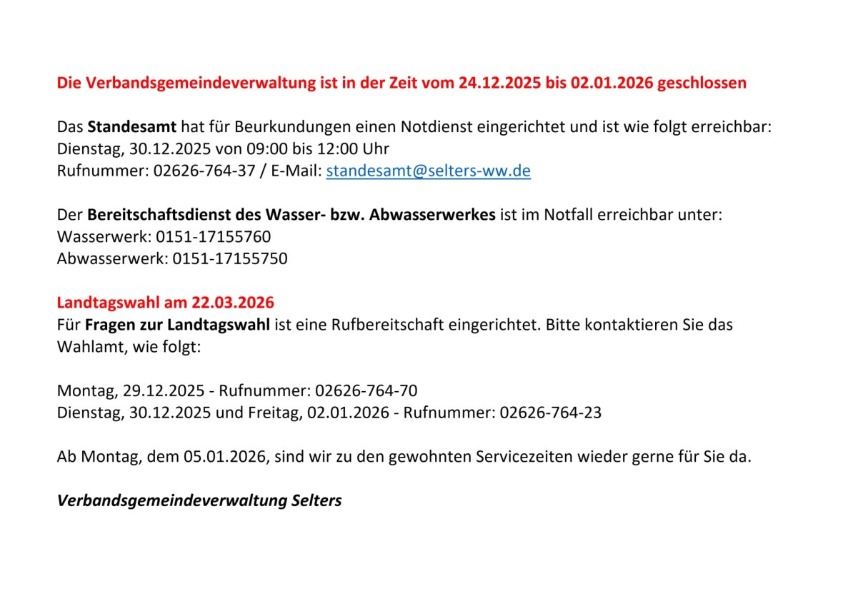 Schließzeiten Verbandsgemeinde